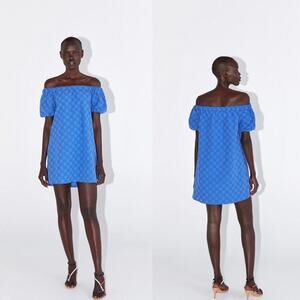 Zara Floral Openwork Textured Blue Off Shoulder Mini Sun Dress Balloon Sleeve